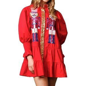 Women's Long Puff Sleeves Red Button Down Mini Shirt Dresses Christmas